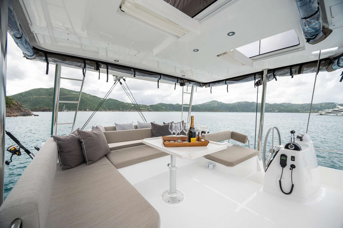 Deck of Premium +, a Bali 4.6 catamaran at Sant Antoni de Portmany, Spain