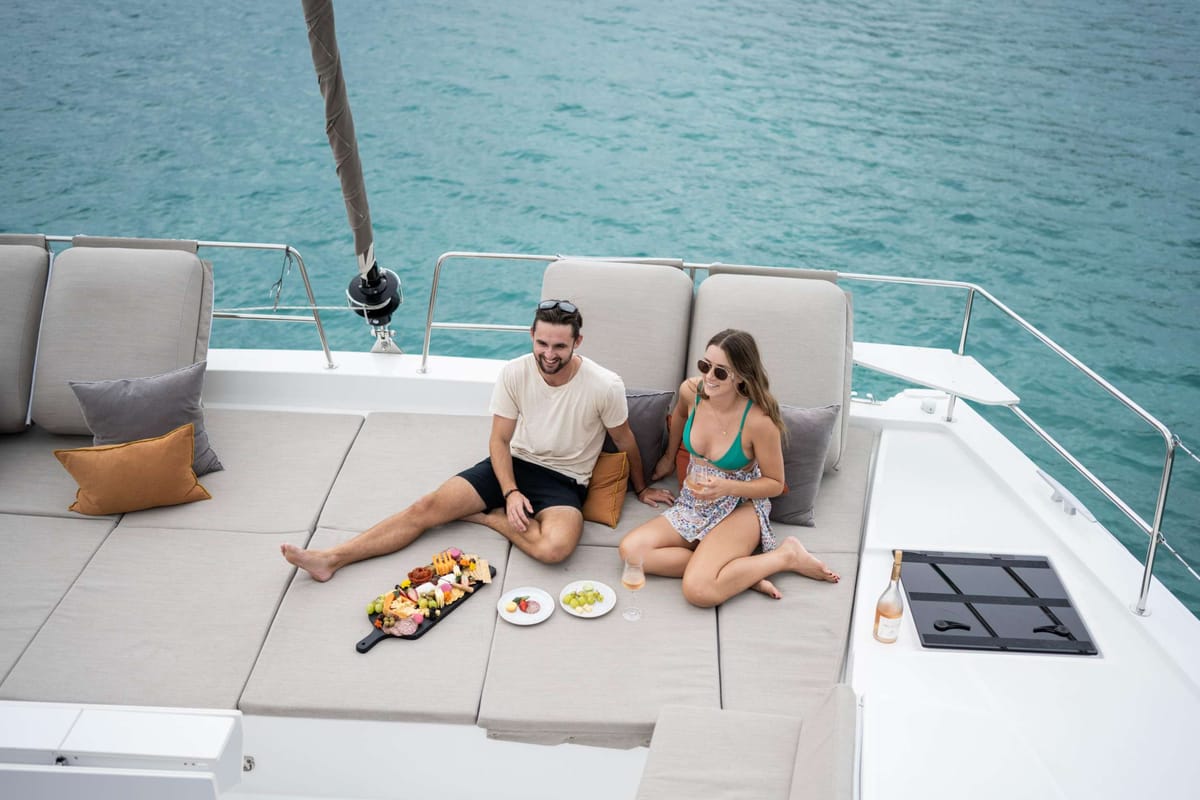 Deck of Premium +, a Bali 4.6 catamaran at Sant Antoni de Portmany, Spain