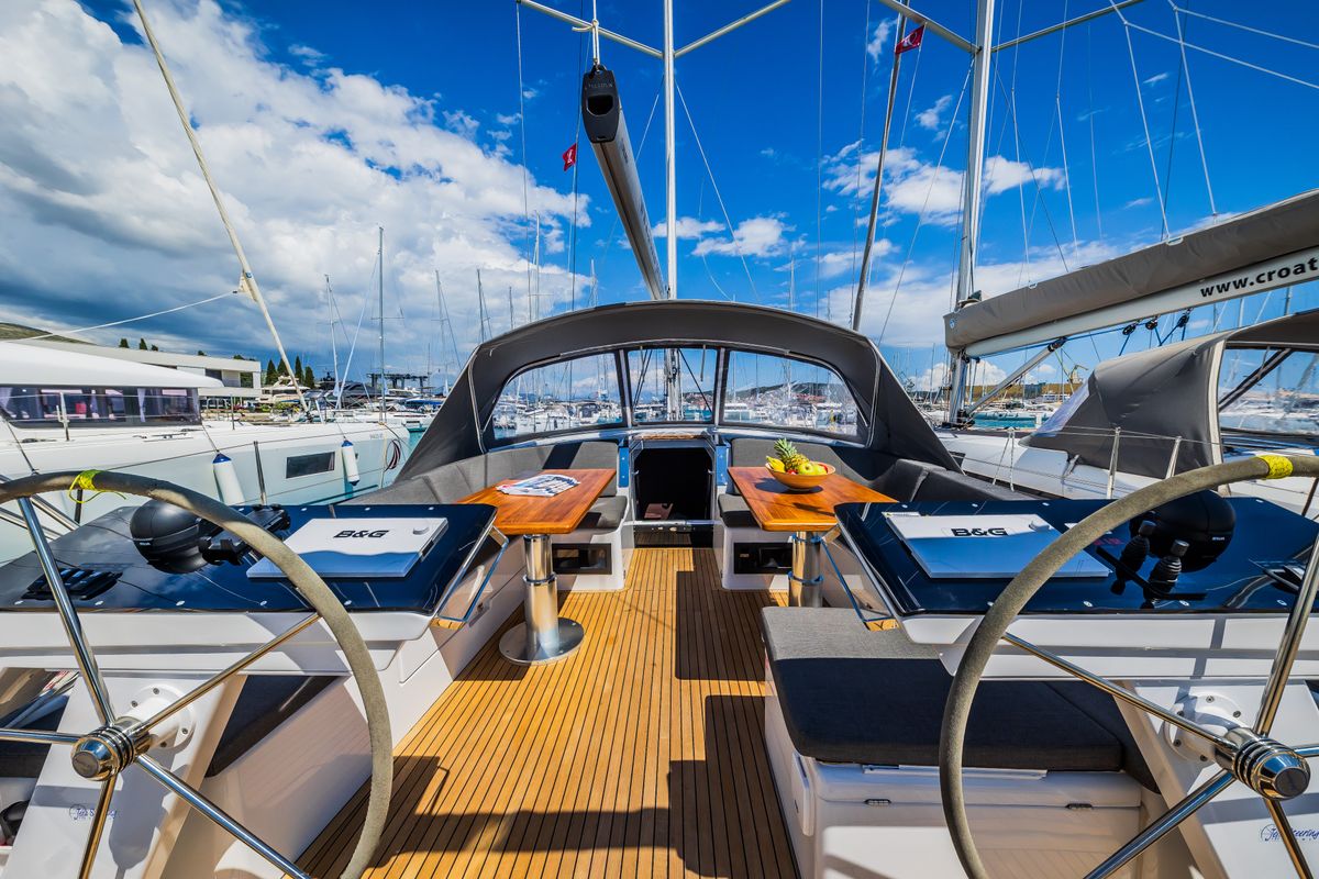 Cockpit of Ilonka - OW, a Hanse Yachts Hanse 460 sailboat at Seget Donji, Croatia