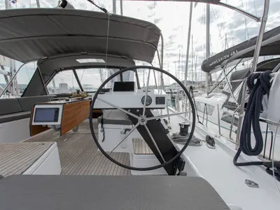 Cockpit of Anna III, a Dufour 530 sailboat at Seget Donji, Croatia