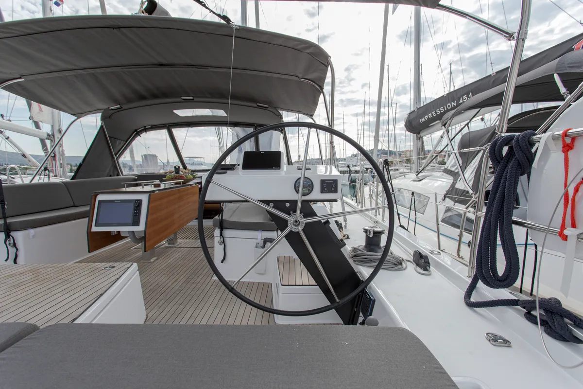 Cockpit of Anna III, a Dufour 530 sailboat at Seget Donji, Croatia