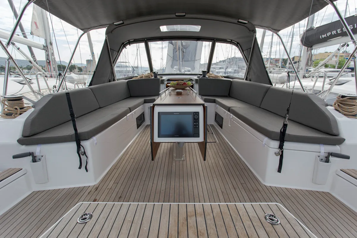 Deck of Anna III, a Dufour 530 sailboat at Seget Donji, Croatia