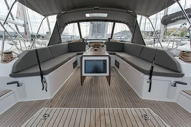 Cockpit of Anna III, a Dufour 530 sailboat at Seget Donji, Croatia