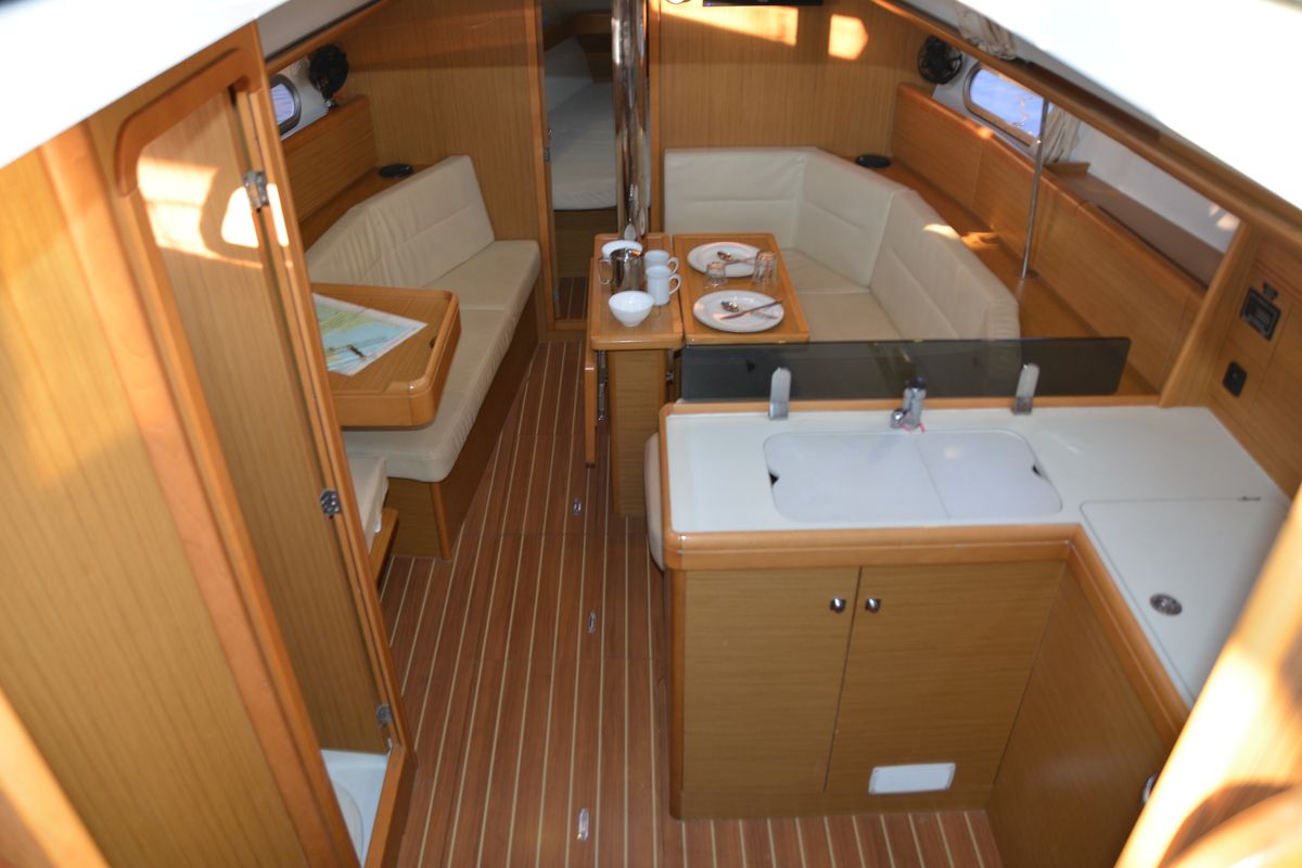 Salon of Babis 2010, a Jeanneau Sun Odyssey 36i sailboat at Municipal Unit of Lefkada, Greece
