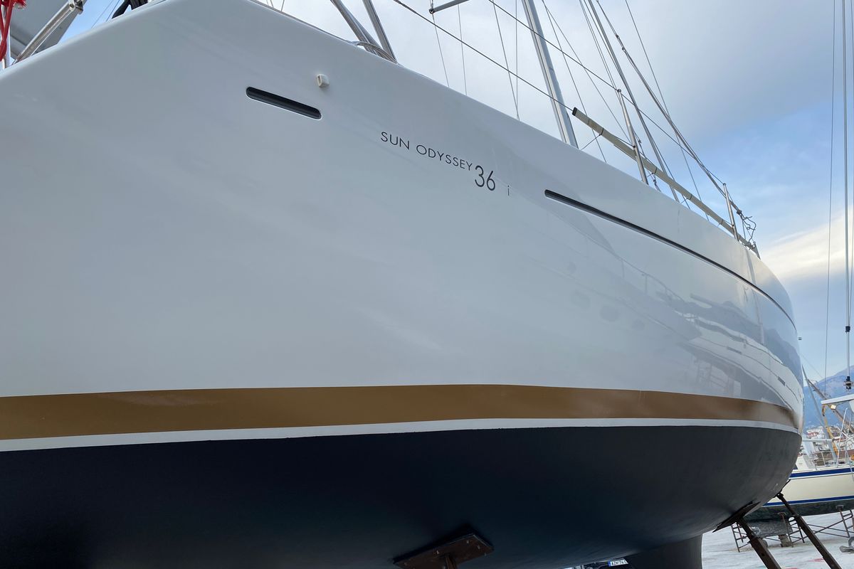 Exterior view of Babis 2010, a Jeanneau Sun Odyssey 36i sailboat at Municipal Unit of Lefkada, Greece