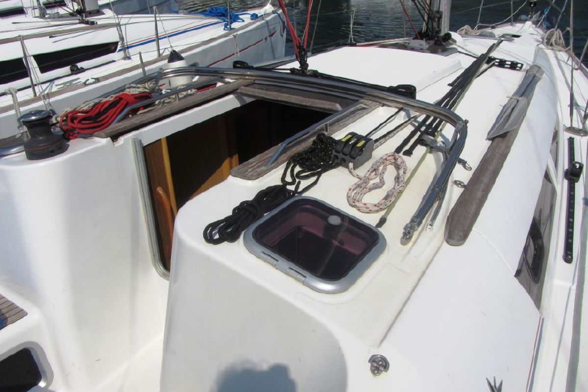 Deck of Babis 2010, a Jeanneau Sun Odyssey 36i sailboat at Municipal Unit of Lefkada, Greece