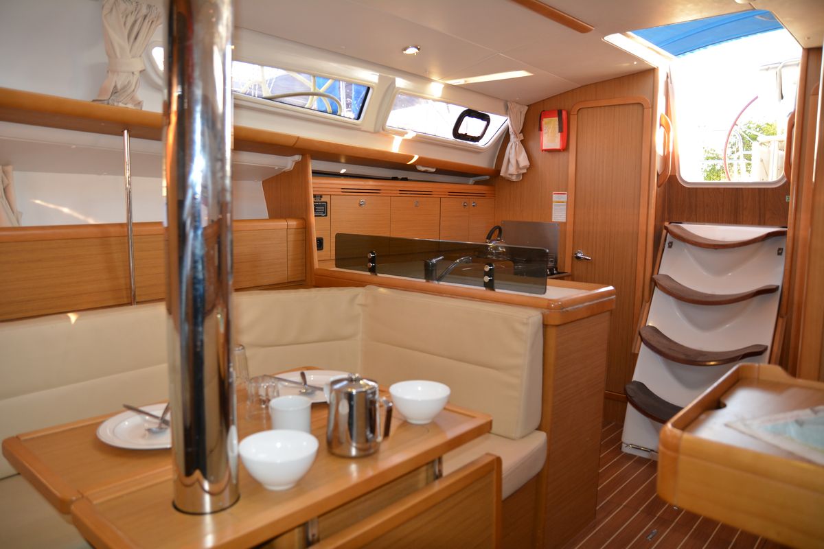 Salon of Babis 2010, a Jeanneau Sun Odyssey 36i sailboat at Municipal Unit of Lefkada, Greece