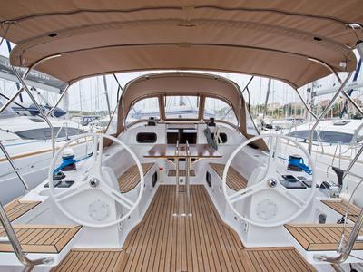 Cockpit of Silente, a Elan Impression 40 sailboat at Grad Labin, Croatia