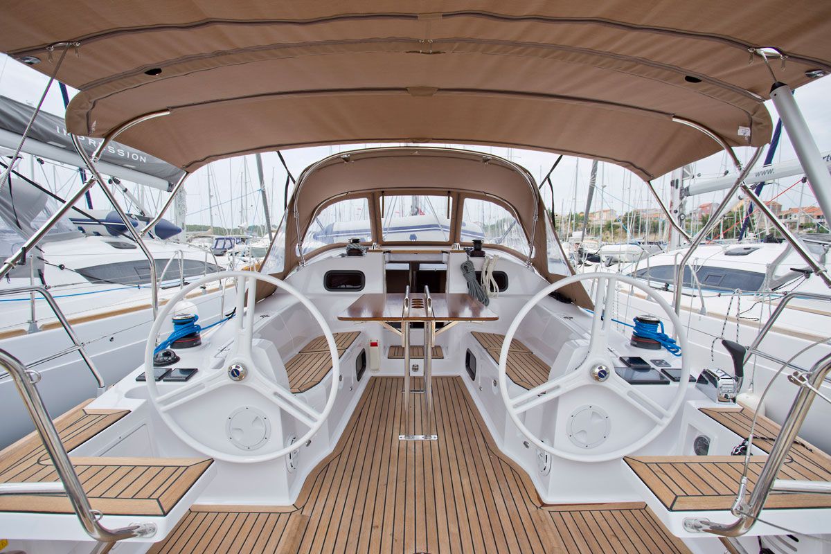 Cockpit of Silente, a Elan Impression 40 sailboat at Grad Labin, Croatia