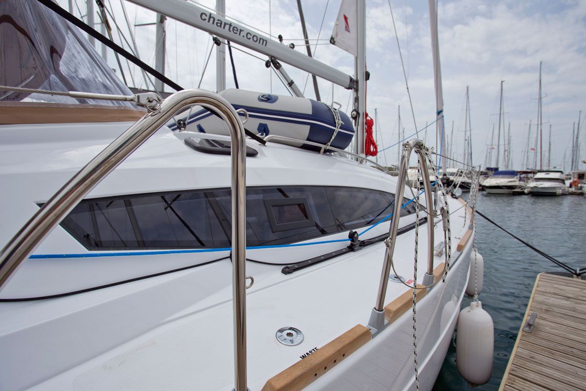 Exterior view of Silente, a Elan Impression 40 sailboat at Grad Labin, Croatia