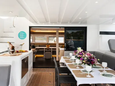 Deck of Lady M, a Lagoon 55 catamaran at Grad Trogir, Croatia