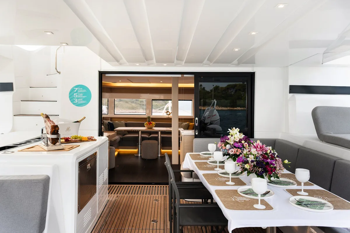 Deck of Lady M, a Lagoon 55 catamaran at Grad Trogir, Croatia