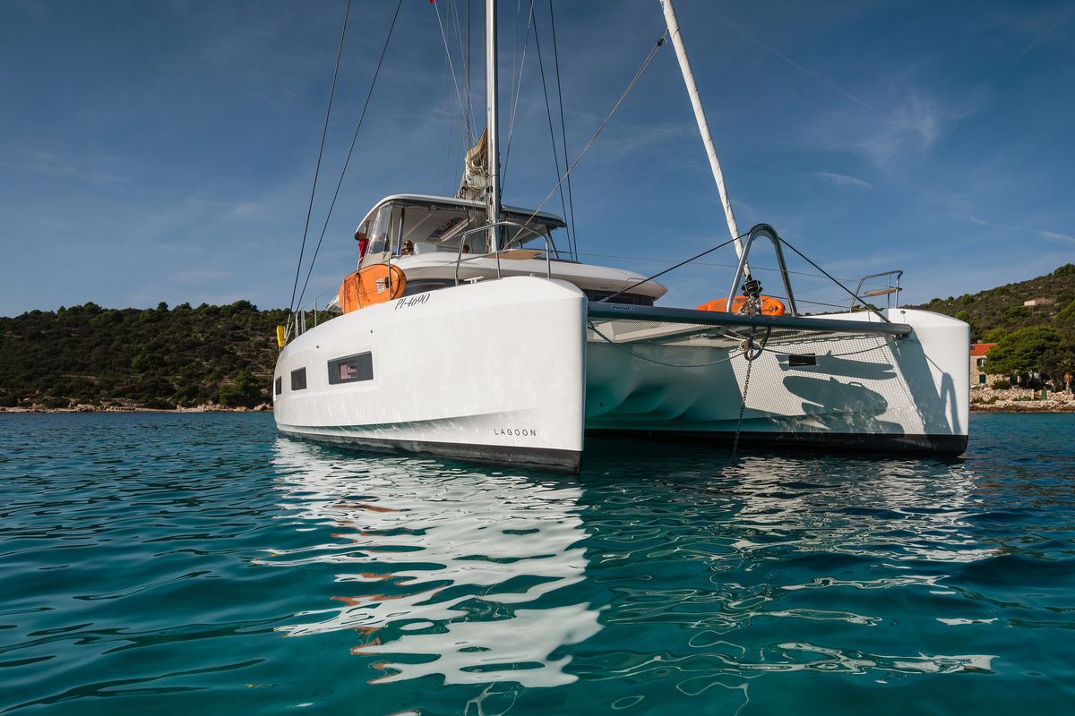 Exterior view of Lady M, a Lagoon 55 catamaran at Grad Trogir, Croatia
