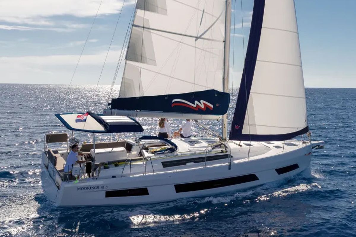 Exterior view of Moorings 41.3 Exclusive, a Dufour 41 sailboat at Road Town, British Virgin Islands
