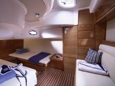 Cabin on Ribelle, a Bavaria Sport 37 motorboat at Sant Antoni de Portmany, Spain