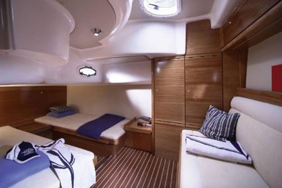 Cabin on Ribelle, a Bavaria Sport 37 motorboat at Sant Antoni de Portmany, Spain