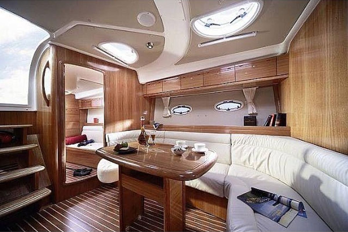 Salon of Ribelle, a Bavaria Sport 37 motorboat at Sant Antoni de Portmany, Spain