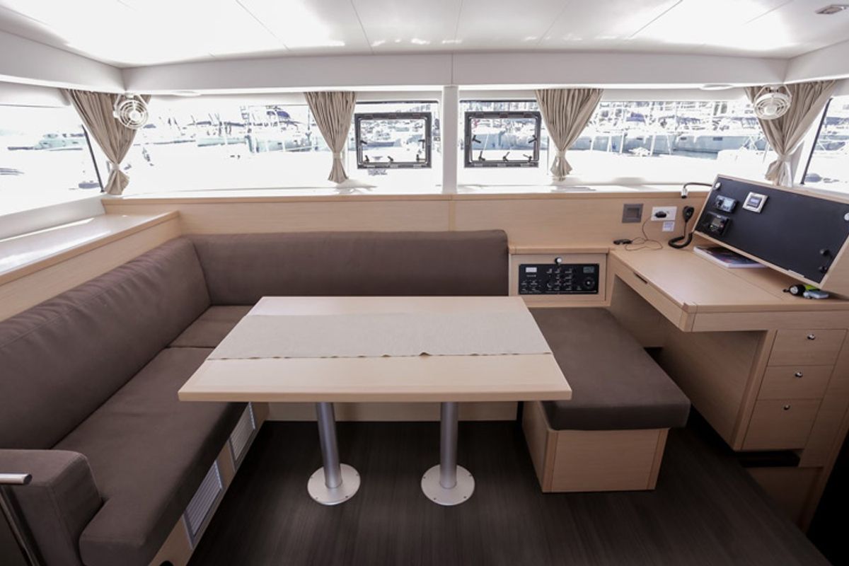 Salon of Mare Quiero, a Lagoon 400 catamaran at Bodrum, Turkey