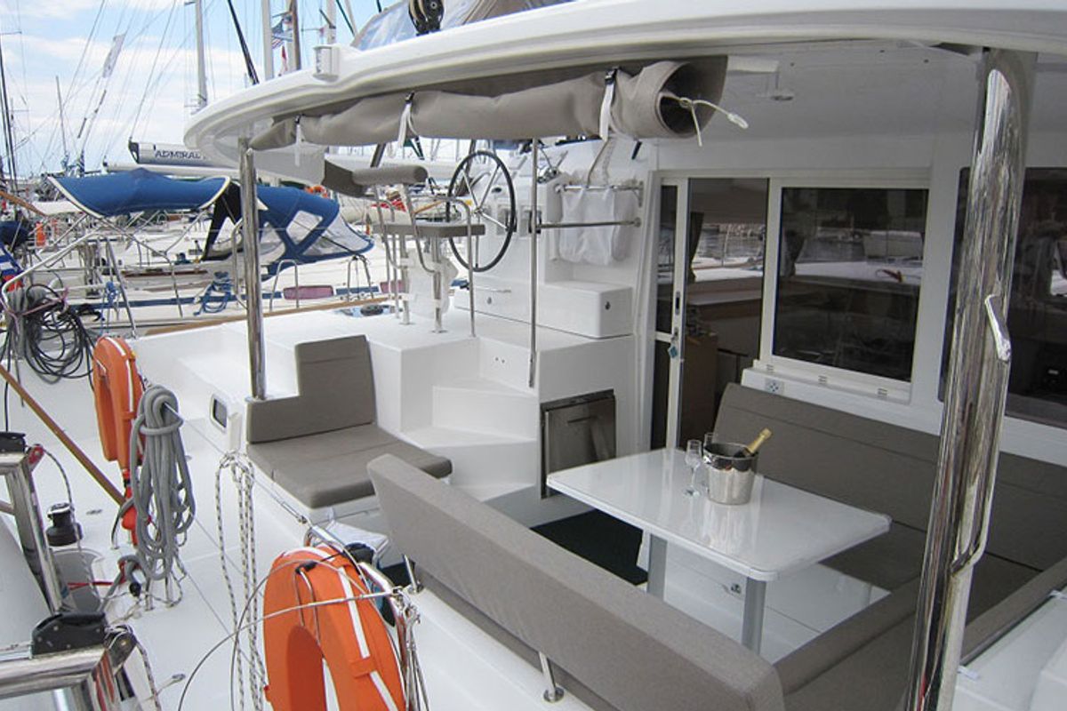 Deck of Mare Quiero, a Lagoon 400 catamaran at Bodrum, Turkey