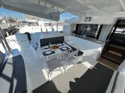 Deck of Kalisi Mou, a Lagoon 46 catamaran at Parikia, Greece