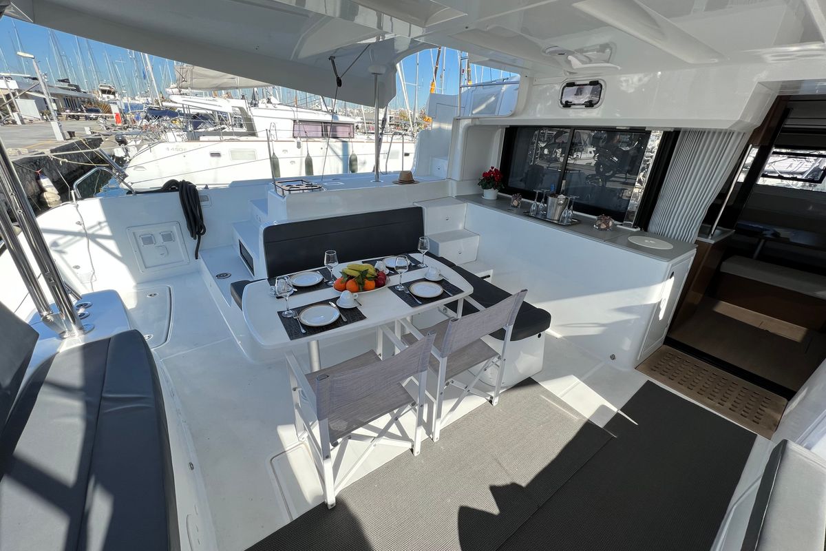 Deck of Kalisi Mou, a Lagoon 46 catamaran at Parikia, Greece