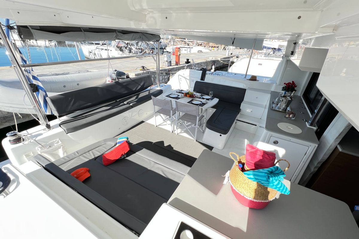 Deck of Kalisi Mou, a Lagoon 46 catamaran at Parikia, Greece