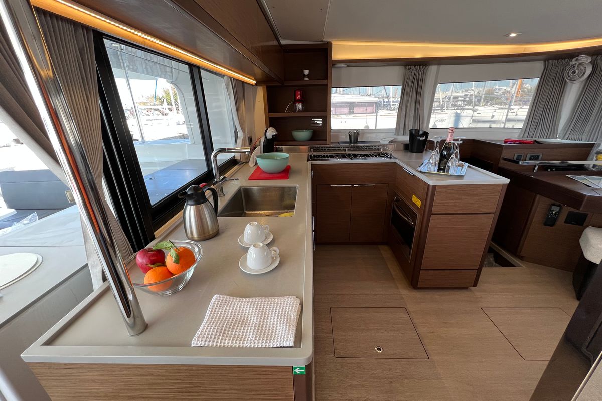 Galley of Kalisi Mou, a Lagoon 46 catamaran at Parikia, Greece