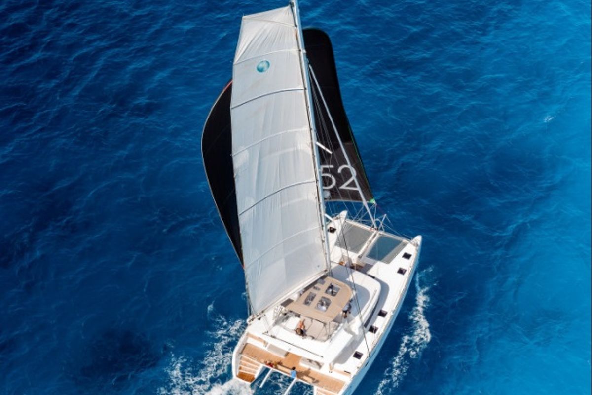 Exterior view of Summertime, a Lagoon 52F catamaran at Capo d'Orlando, Italy