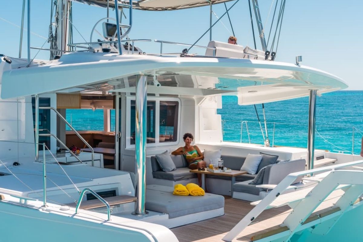 Deck of Summertime, a Lagoon 52F catamaran at Capo d'Orlando, Italy