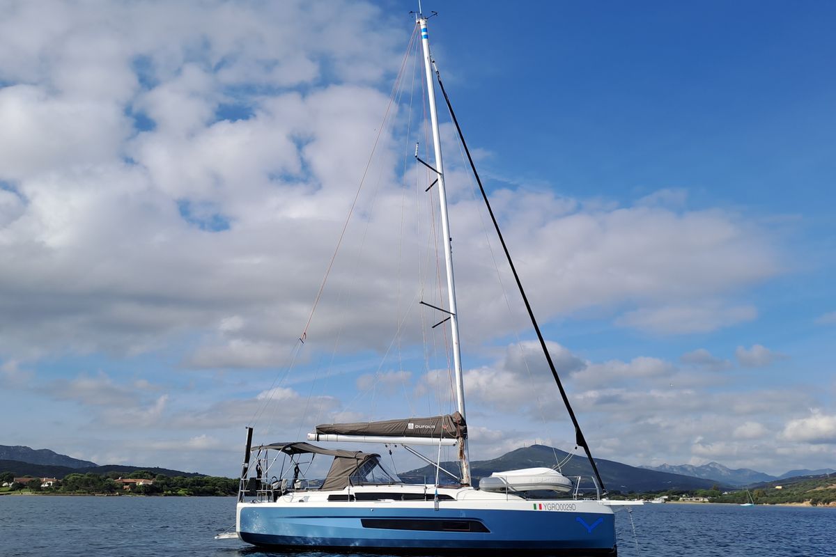 Exterior view of Polygala, a Dufour 37 sailboat at Olbia, Italy
