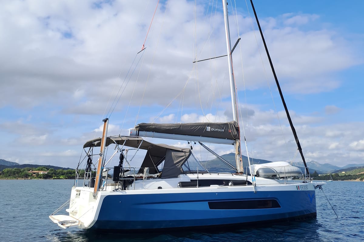 Exterior view of Polygala, a Dufour 37 sailboat at Olbia, Italy