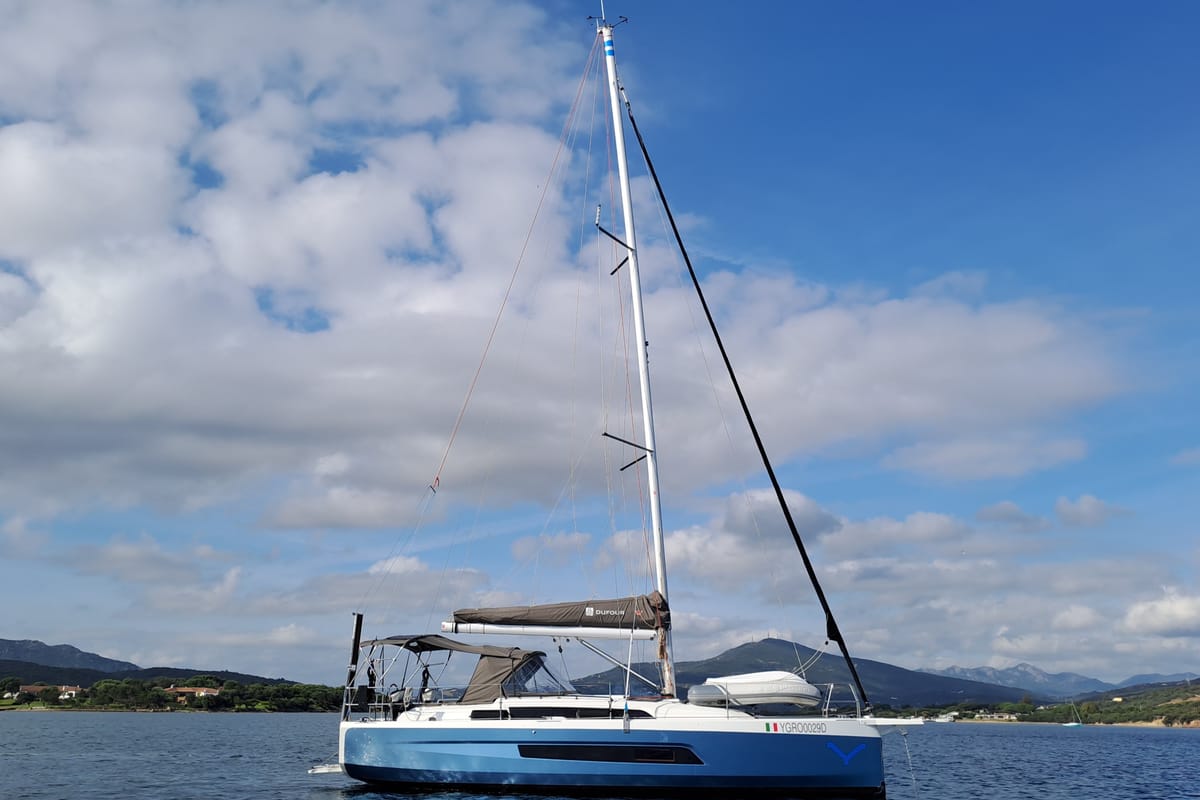 Exterior view of Polygala, a Dufour 37 sailboat at Olbia, Italy