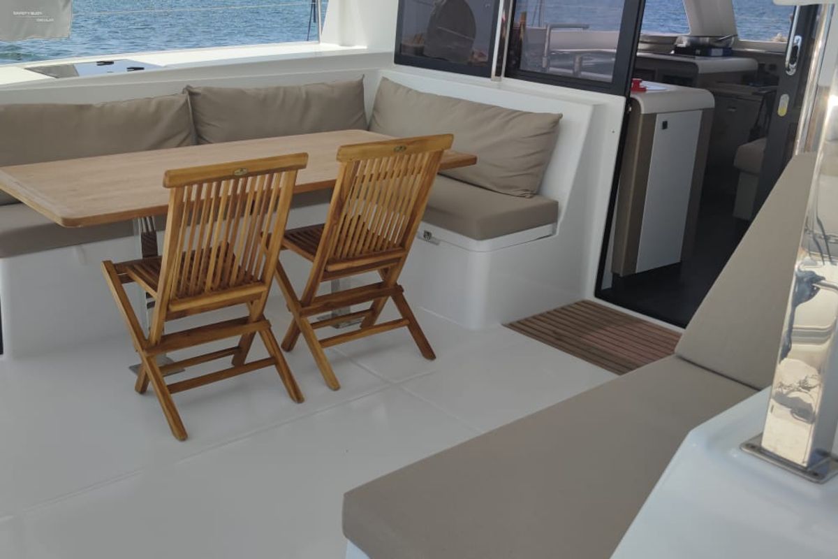 Deck of Isla, a Fountaine Pajot Isla 40 catamaran at Castellammare del Golfo, Italy