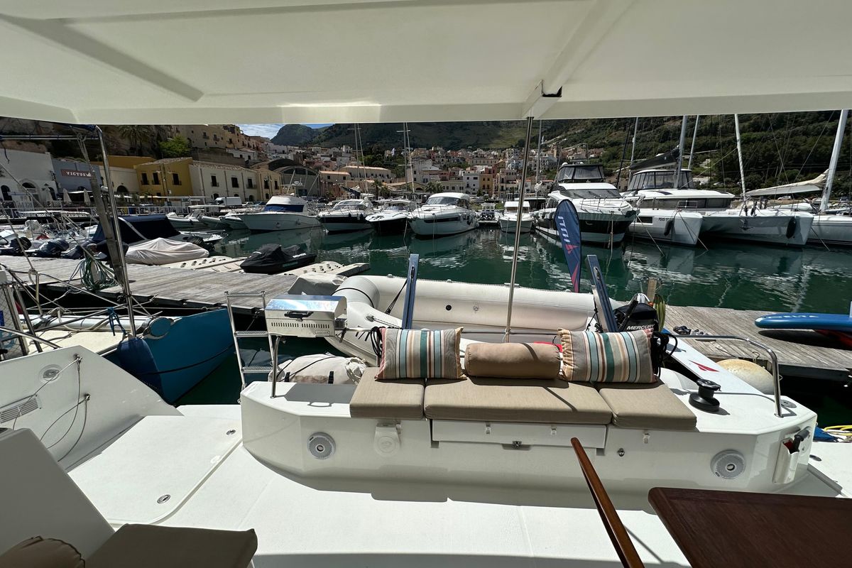 Deck of Isla, a Fountaine Pajot Isla 40 catamaran at Castellammare del Golfo, Italy
