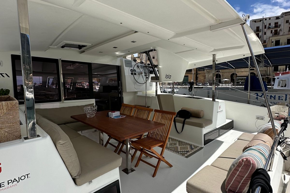Deck of Isla, a Fountaine Pajot Isla 40 catamaran at Castellammare del Golfo, Italy