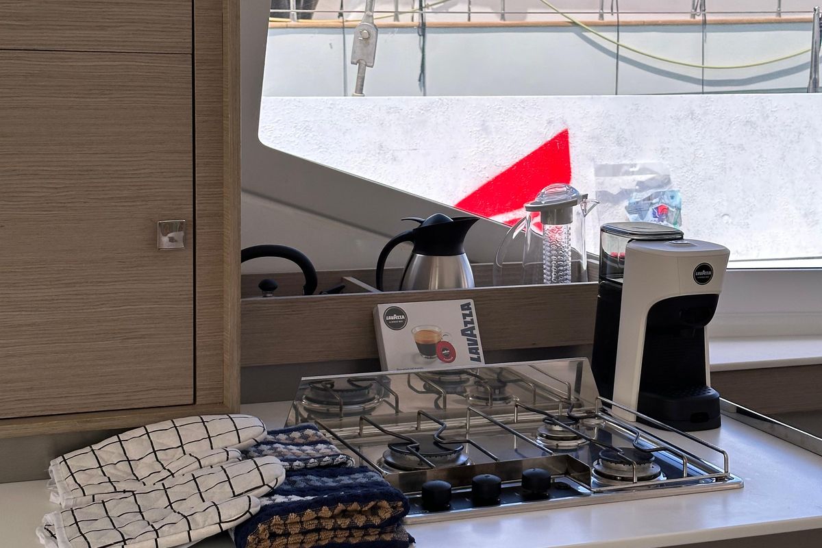 Galley of Isla, a Fountaine Pajot Isla 40 catamaran at Castellammare del Golfo, Italy