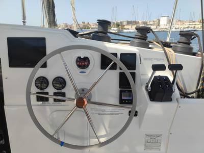 Cockpit of Isla, a Fountaine Pajot Isla 40 catamaran at Castellammare del Golfo, Italy