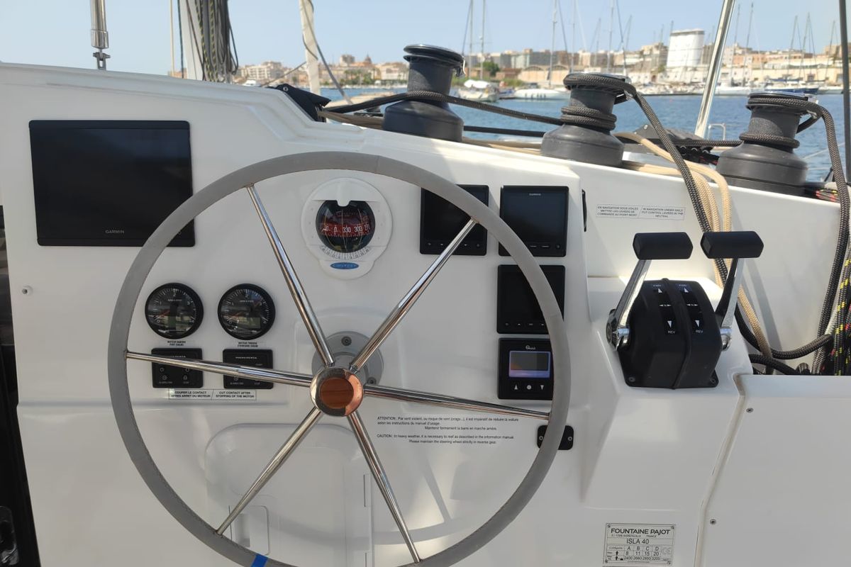 Cockpit of Isla, a Fountaine Pajot Isla 40 catamaran at Castellammare del Golfo, Italy