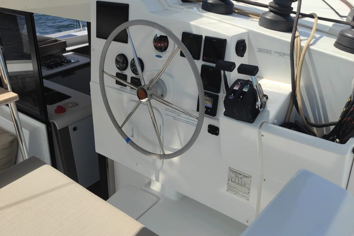 Cockpit of Isla, a Fountaine Pajot Isla 40 catamaran at Castellammare del Golfo, Italy