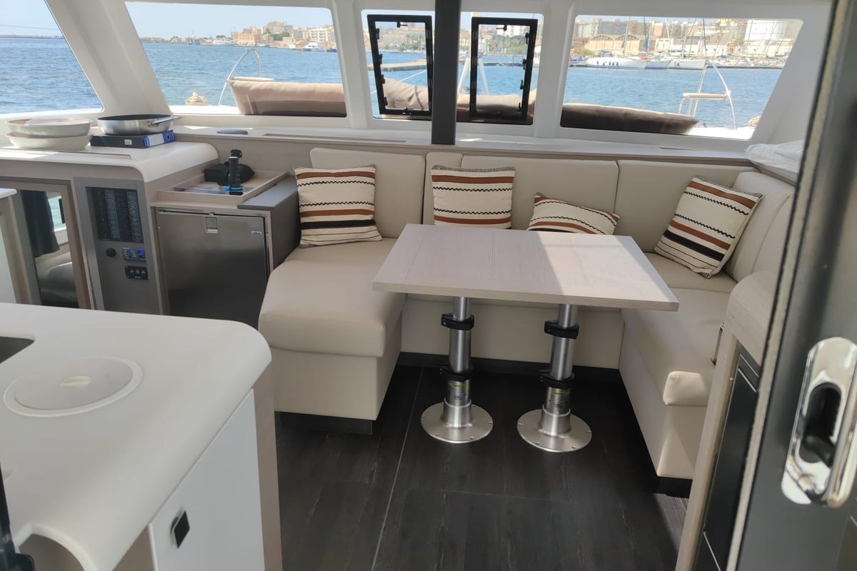 Salon of Isla, a Fountaine Pajot Isla 40 catamaran at Castellammare del Golfo, Italy