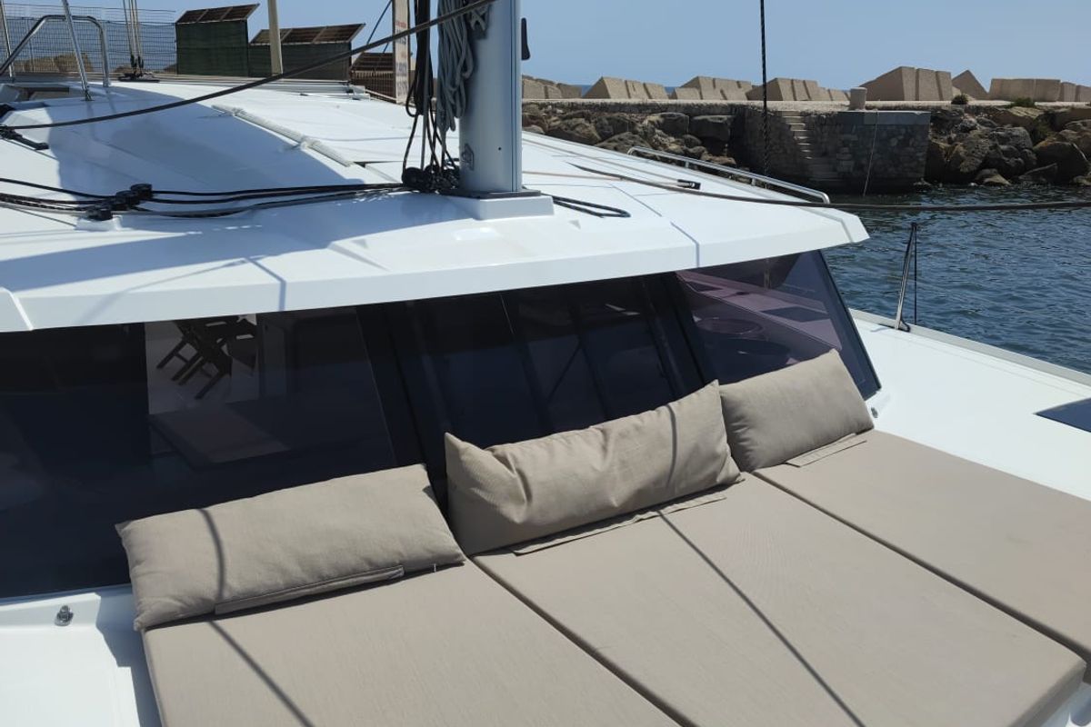 Exterior view of Isla, a Fountaine Pajot Isla 40 catamaran at Castellammare del Golfo, Italy