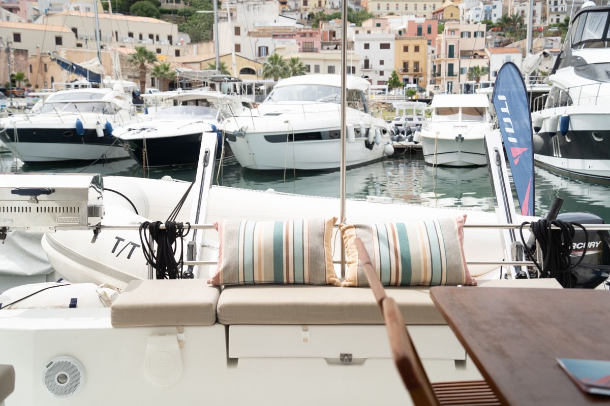 Deck of Isla, a Fountaine Pajot Isla 40 catamaran at Castellammare del Golfo, Italy