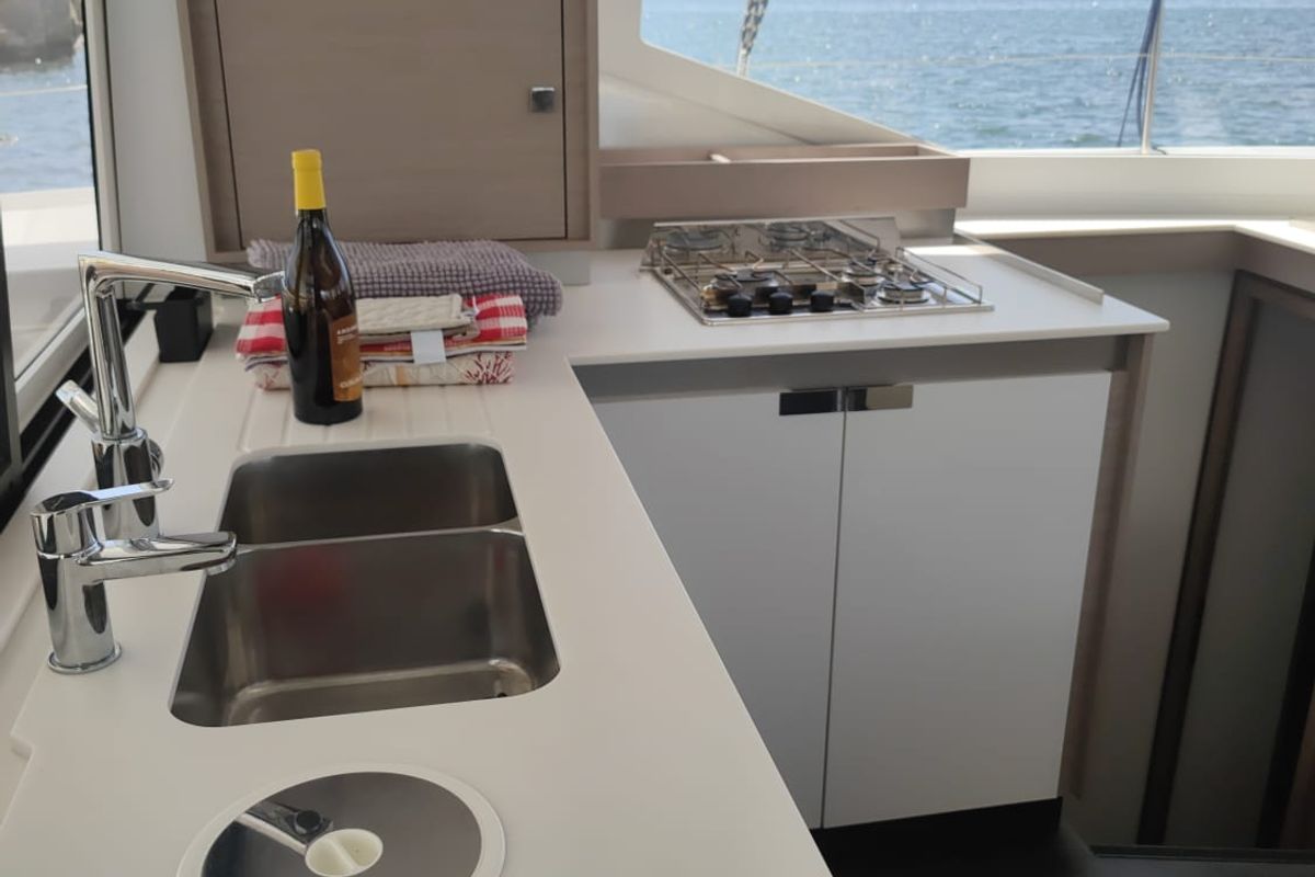 Galley of Isla, a Fountaine Pajot Isla 40 catamaran at Castellammare del Golfo, Italy