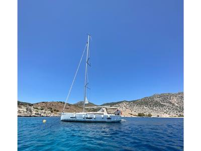 Exterior view of Bade Lal, a Dufour 390 Grand Large sailboat at Marmaris, Turkey