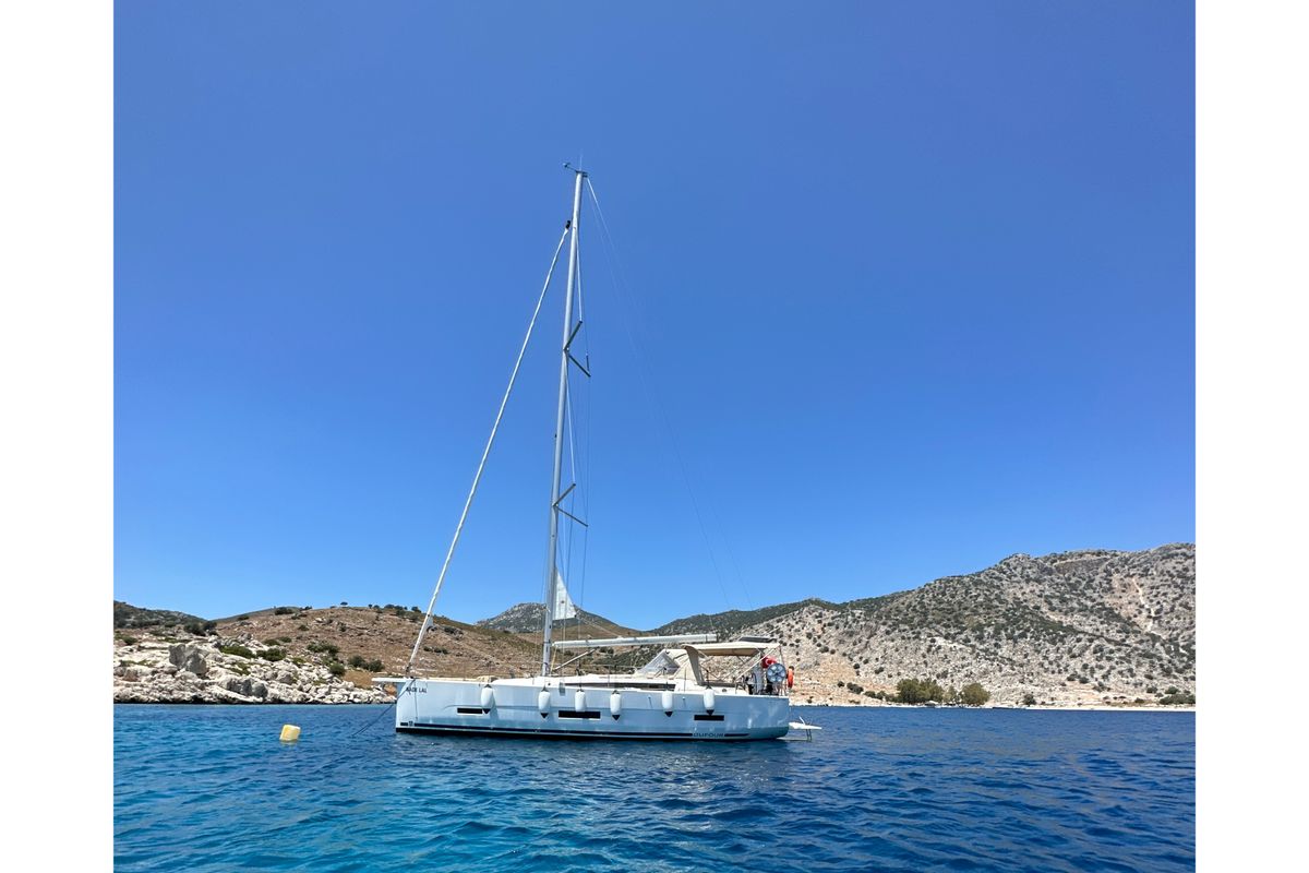 Exterior view of Bade Lal, a Dufour 390 Grand Large sailboat at Marmaris, Turkey