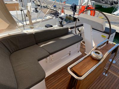Deck of Oreo, a Hanse Yachts Hanse 458 sailboat at Lavreotiki Municipal Unit, Greece