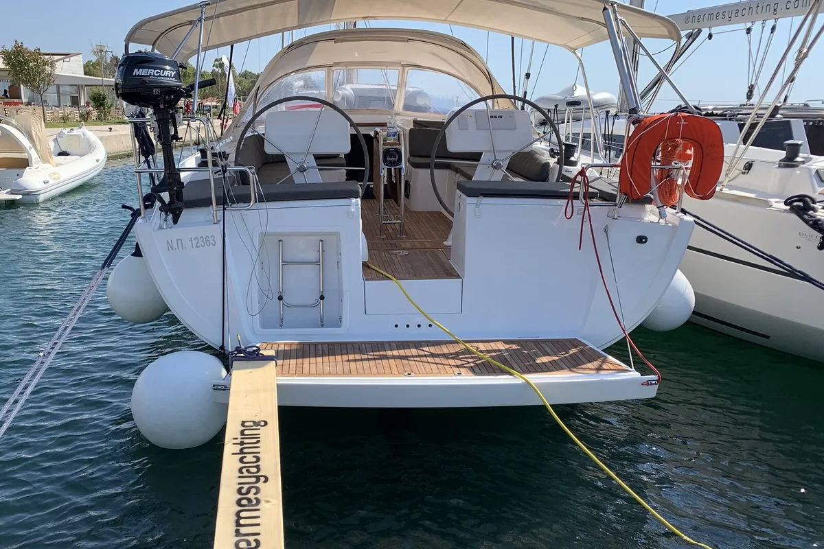 Exterior view of Oreo, a Hanse Yachts Hanse 458 sailboat at Lavreotiki Municipal Unit, Greece