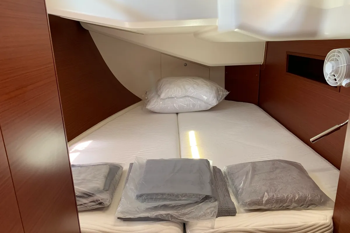 Cabin on Oreo, a Hanse Yachts Hanse 458 sailboat at Lavreotiki Municipal Unit, Greece