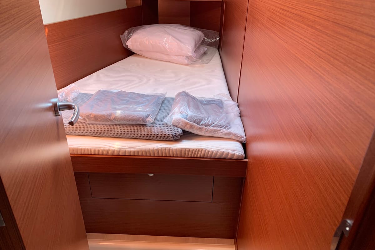 Cabin on Oreo, a Hanse Yachts Hanse 458 sailboat at Lavreotiki Municipal Unit, Greece