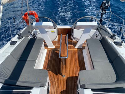 Cockpit of Oreo, a Hanse Yachts Hanse 458 sailboat at Lavreotiki Municipal Unit, Greece